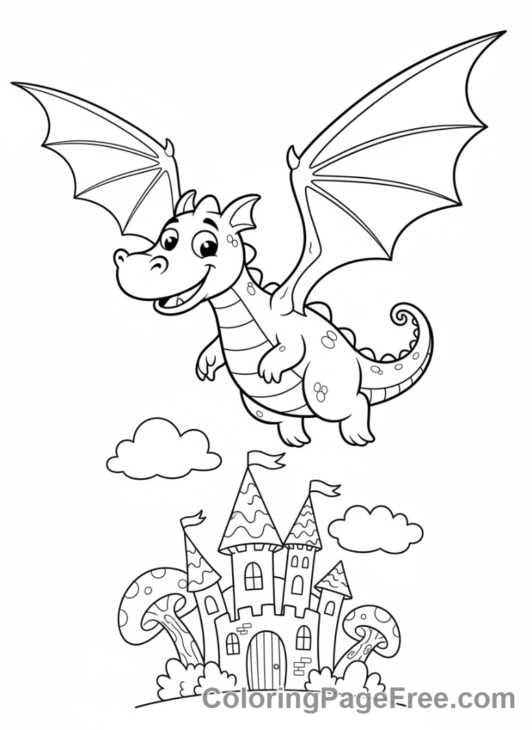 Storybook coloring page - Dragon flying castle