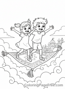 Storybook coloring page - Kids flying carpet