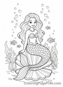 Storybook coloring page - Mermaid sitting shell