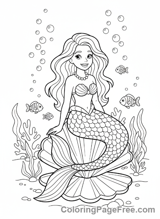 Storybook coloring page - Mermaid sitting shell