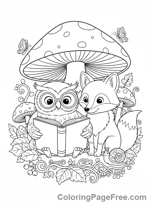 Stress Relief coloring page - Forest animals reading