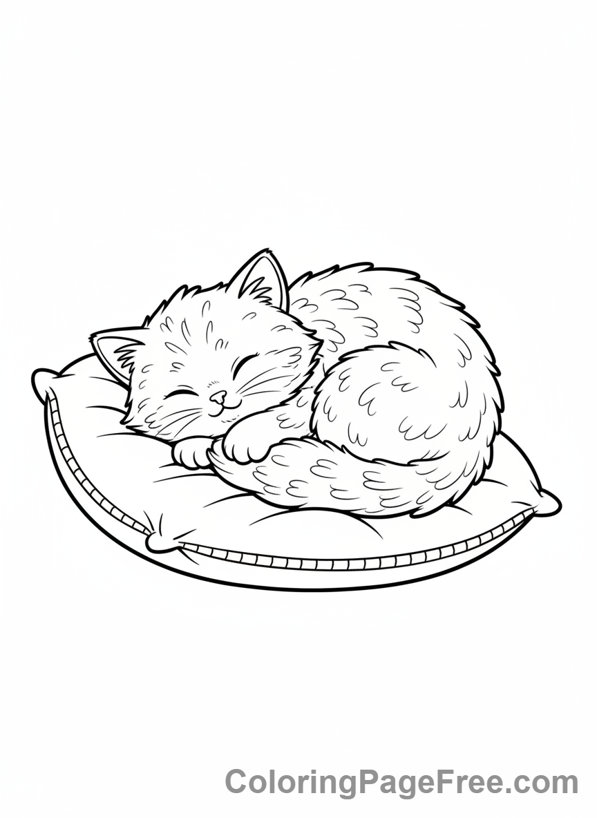 Stress Relief coloring page - Kitten sleeping peacefully