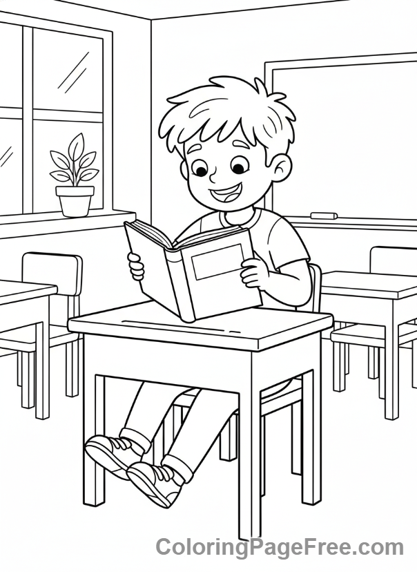 Students coloring page - Student reading desk