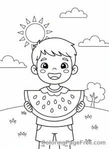 Summer coloring page - Boy eating watermelon