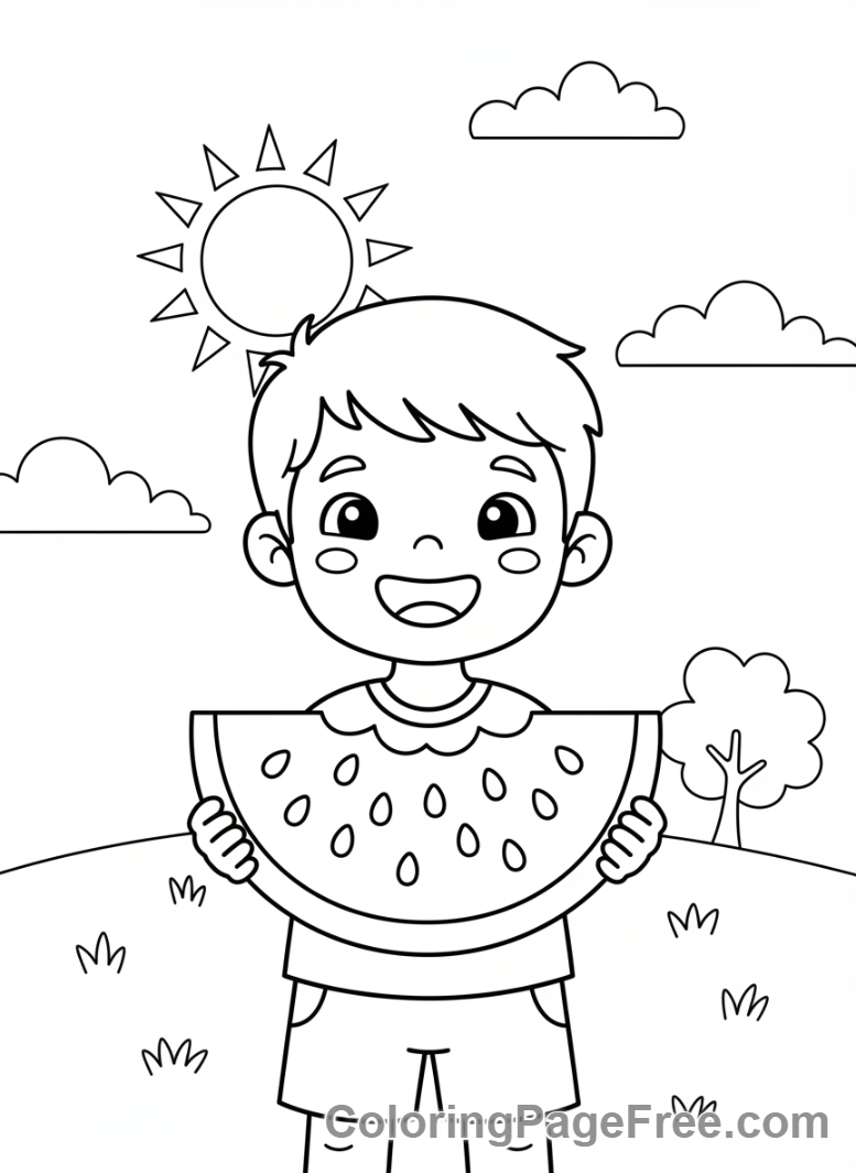 Summer coloring page - Boy eating watermelon