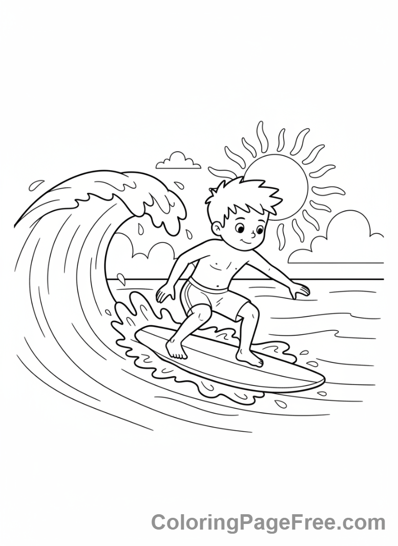 Summer coloring page - Boy surfing wave