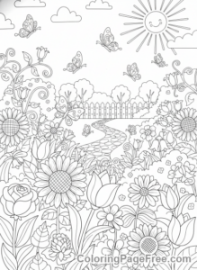 Summer coloring page - Butterflies garden flowers