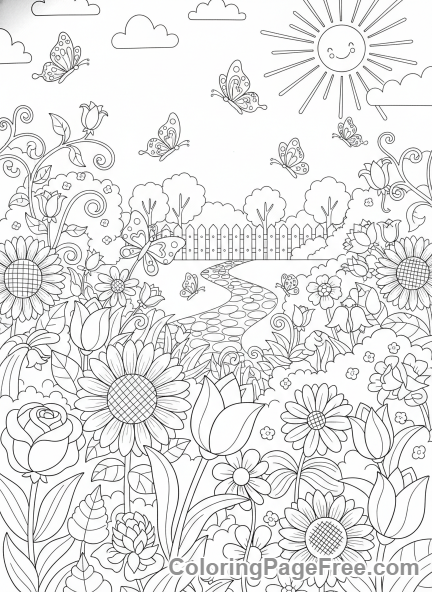 Summer coloring page - Butterflies garden flowers