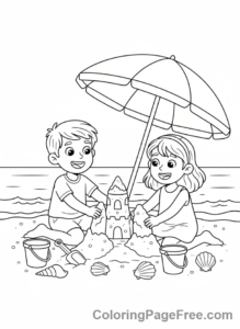 Summer Fun coloring page - Kids building sandcastle