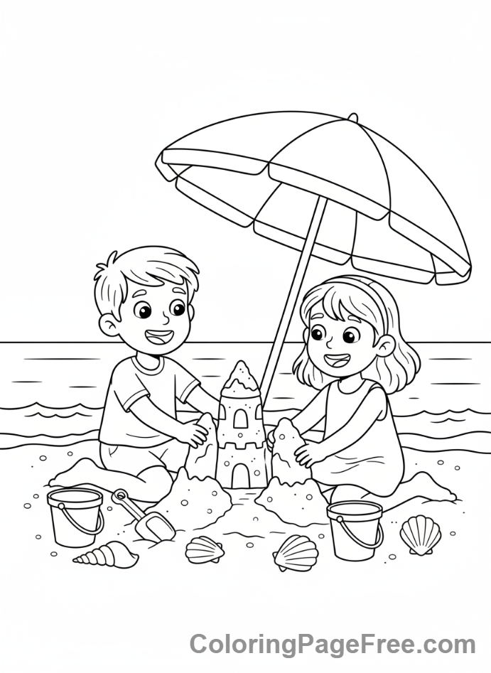 Summer Fun coloring page - Kids building sandcastle