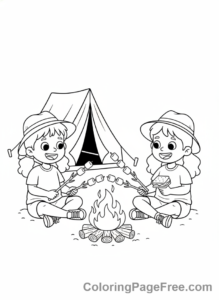 Summer Fun coloring page - Kids making smores