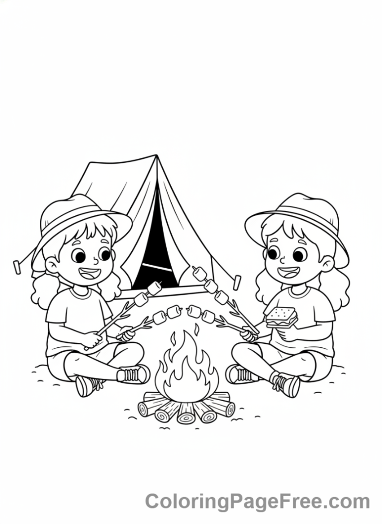 Summer Fun coloring page - Kids making smores