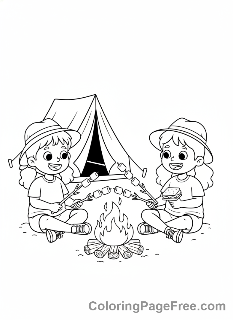 Summer Fun coloring page - Kids making smores