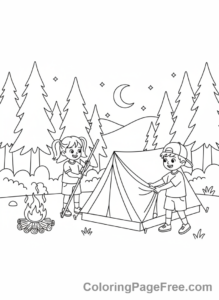 Summer coloring page - Kids camping tent
