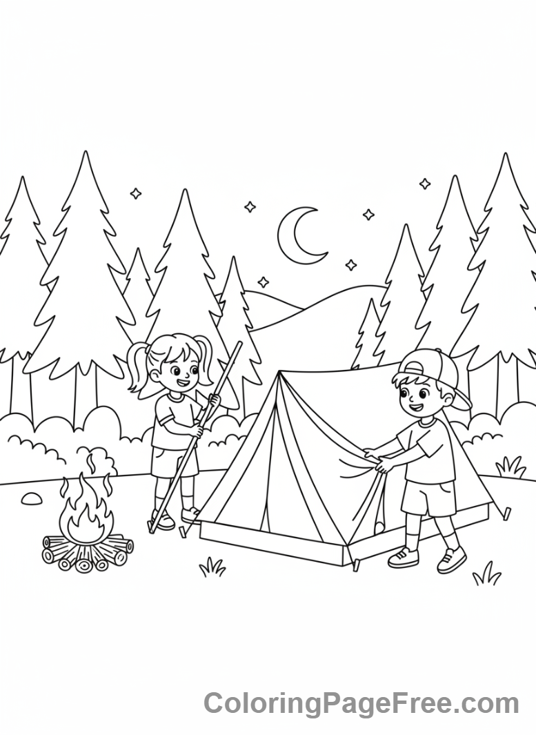 Summer coloring page - Kids camping tent