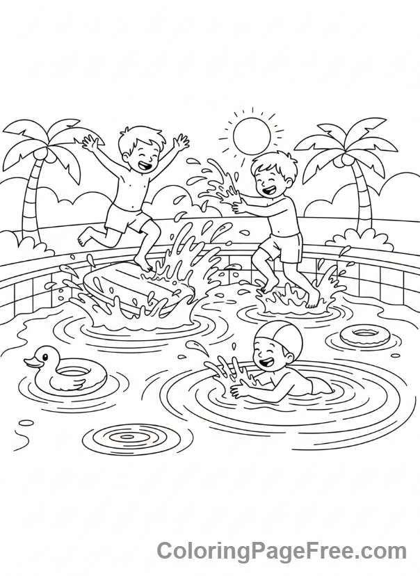 Summer coloring page - Kids swimming pool fun