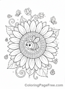 Summer coloring page - Sunflower bumblebee close-up