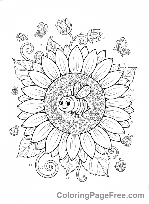 Summer coloring page - Sunflower bumblebee close-up