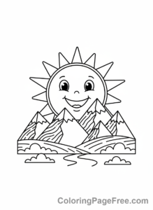 Sun coloring page - Sun Behind Mountain