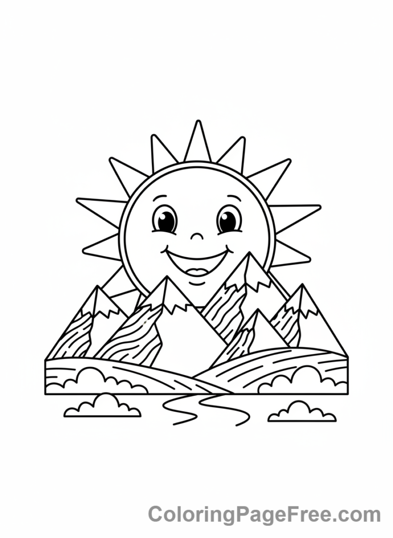 Sun coloring page - Sun Behind Mountain
