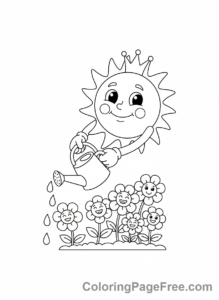 Sun coloring page - Sun Watering Flowers