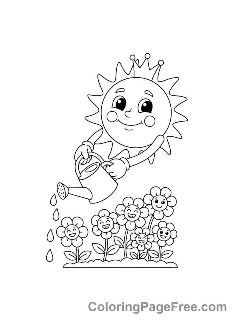 Sun coloring page - Sun Watering Flowers