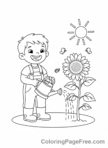 Sunflower coloring page - Child watering sunflower