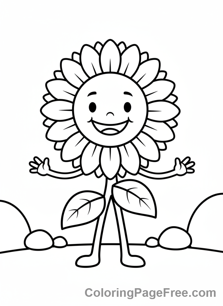 Smiling Sunflower Character Coloring Page