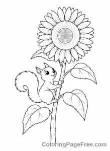 Sunflower coloring page - Squirrel climbing stalk