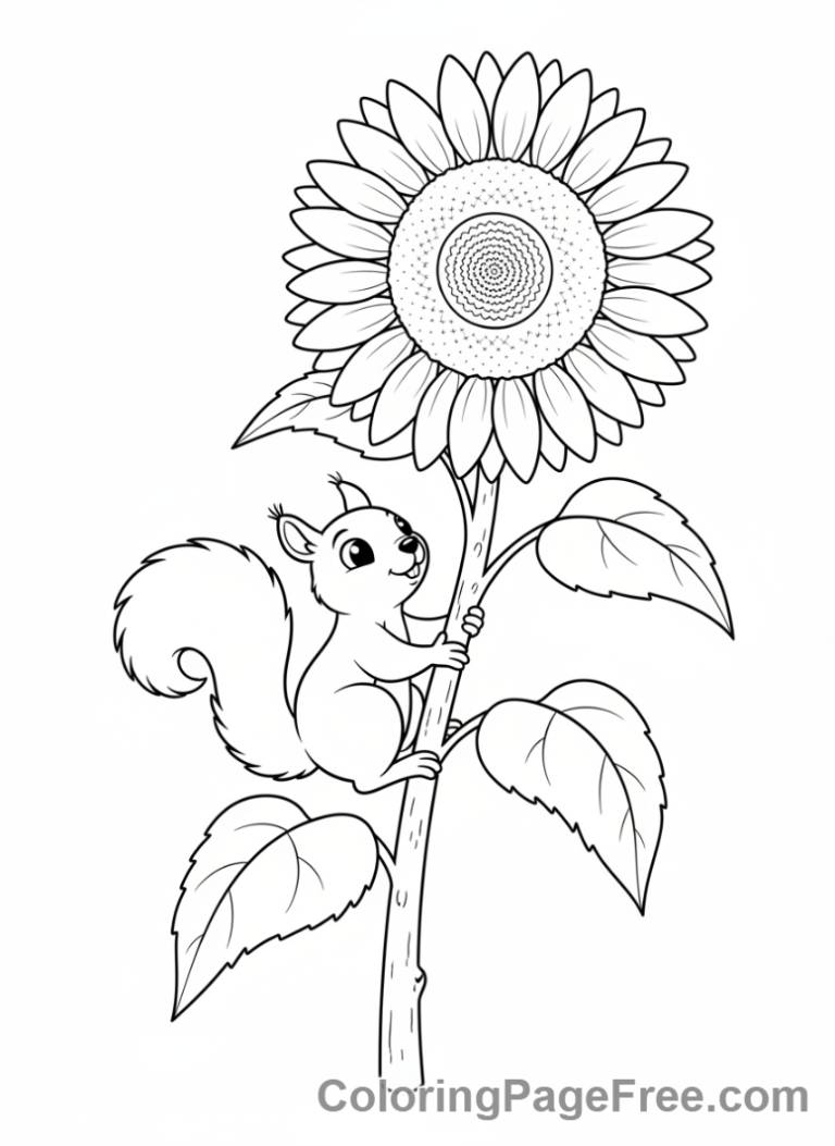 Sunflower coloring page - Squirrel climbing stalk