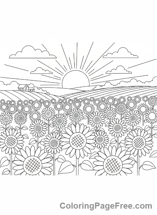 Sunflower Field at Sunrise Coloring Page