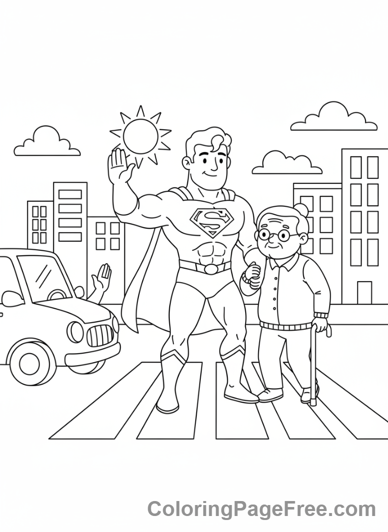 Superheroes coloring page - Hero helping elder