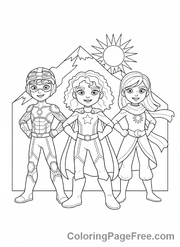 Superheroes coloring page - Hero team standing