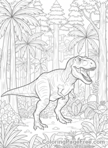 T Rex coloring page - T-Rex walking jungle