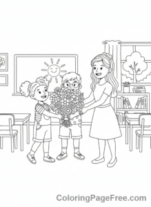Teacher Appreciation coloring page - Kids giving flowers