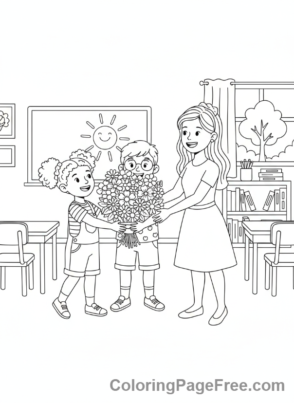 Teacher Appreciation coloring page - Kids giving flowers
