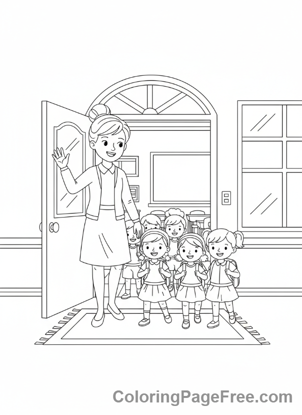 Teachers coloring page - Teacher greets kids