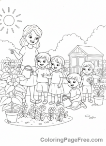 Teachers coloring page - Teacher outdoor garden