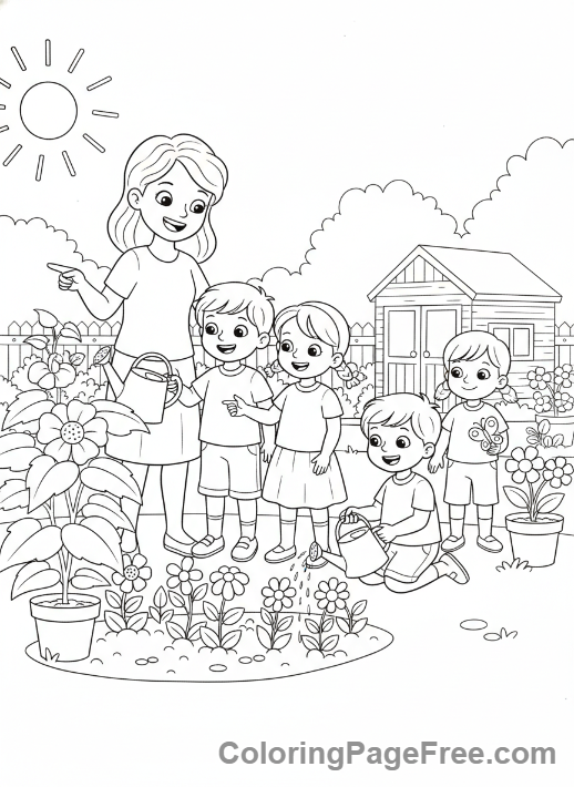 Teachers coloring page - Teacher outdoor garden