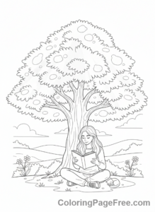 Teens coloring page - Teen girl reading tree