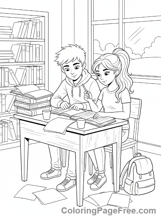 Teens coloring page - Teens studying together