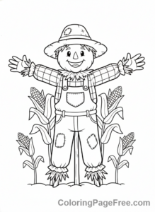 Thanksgiving coloring page - Friendly scarecrow field
