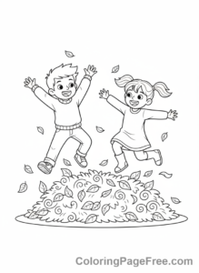Thanksgiving coloring page - Kids playing leaves