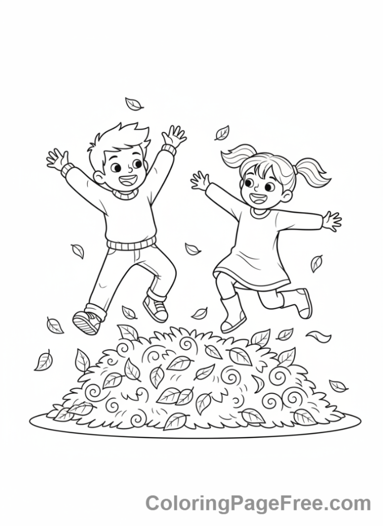Thanksgiving coloring page - Kids playing leaves