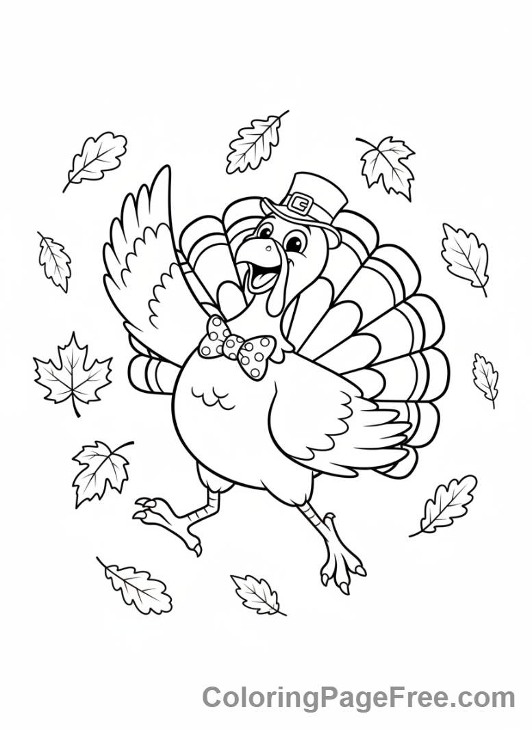 Thanksgiving Turkey coloring page - Turkey dancing leaves