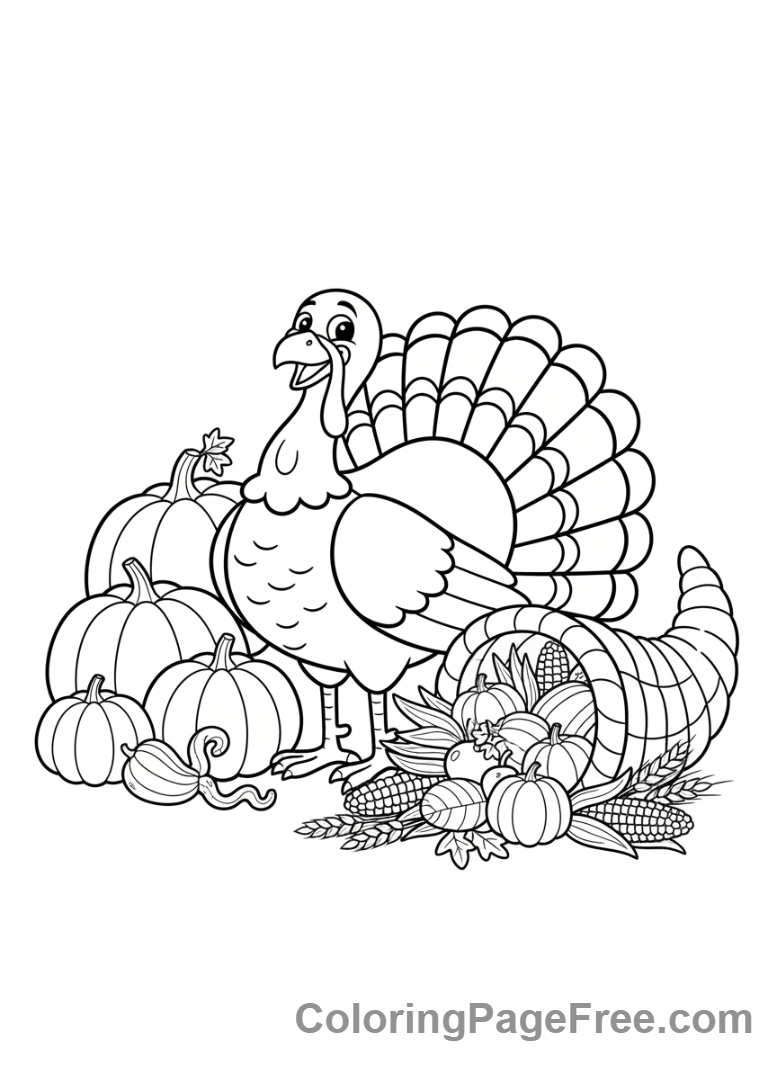 Thanksgiving Turkey coloring page - Turkey harvest scene