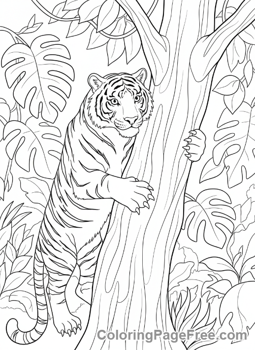 Tiger coloring page - Tiger climbing tree