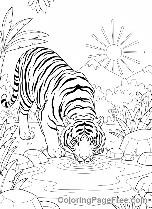 Tiger coloring page - Tiger drinking water