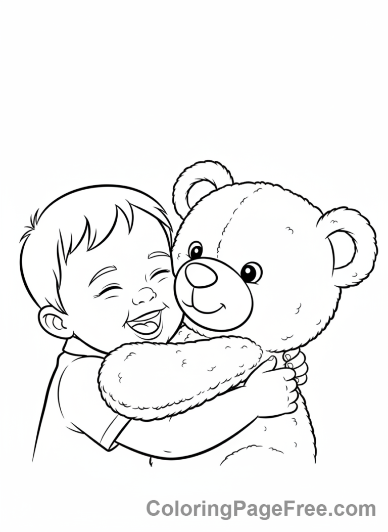 Toddlers coloring page - Toddler hugs teddy