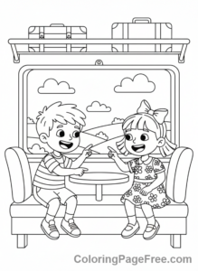 Train coloring page - Kids on train